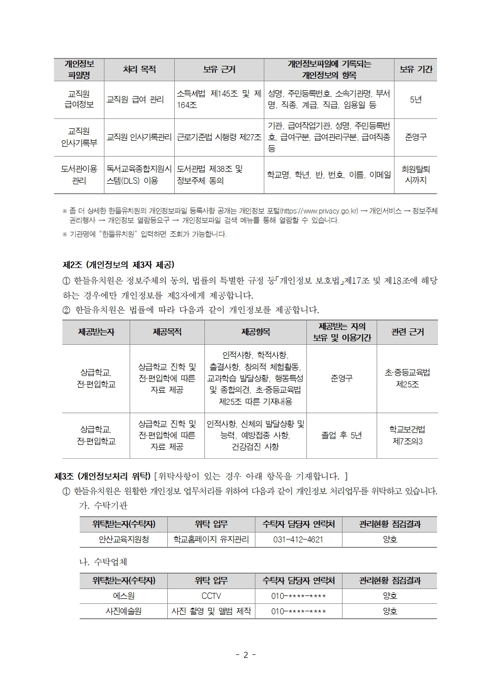 2026년 한들유치원 개인정보 처리방침(홈페이지)002